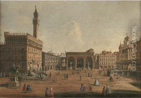 The Piazza Della Signoria Florence, Looking Towards The Loggia Deilanzi Oil Painting - Giuseppe Zocchi