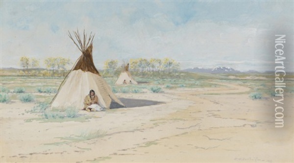 Sioux Indians, Montana, Figures Sitting Outside Teepees Oil Painting - Dwight W. Huntington