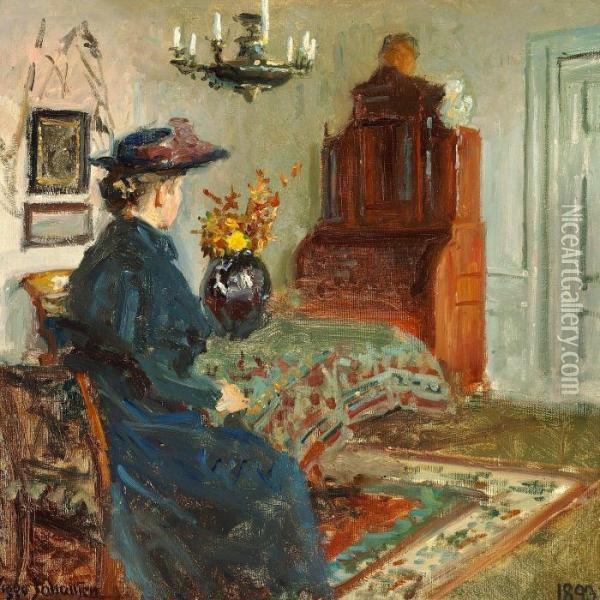 Interior With The Artist's Wife Martha In A Coat And Hat Oil Painting - Viggo Johansen