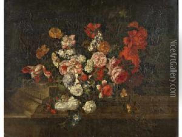 Nature Morte De Fleurs Dispoees Sur Un Entablement De Pierre Oil Painting - Jean Baptiste Belin de Fontenay