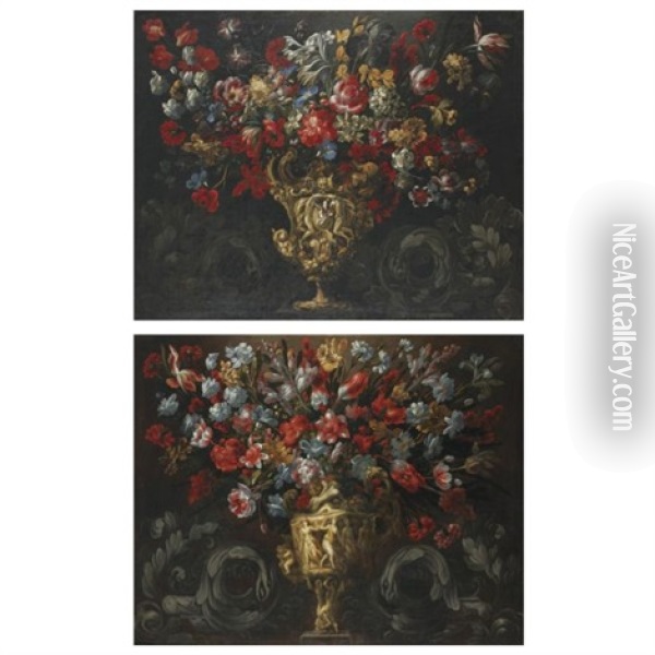 Still Lifes Of Flowers In Sculpted Vases, Flanked By Sculpted Scrollwork With Eagle Heads (pair) Oil Painting - Gabriel de LaCorte