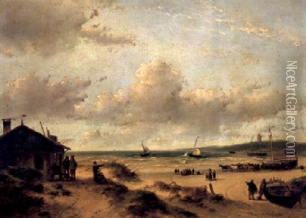 Many Figures And Horses Pulling A Boat On The Beach Oil Painting - Andreas Schelfhout