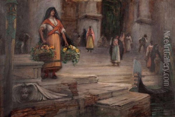 Femme Aux Paniers De Fleurs A Venise Oil Painting - Georges Jules Victor Clairin
