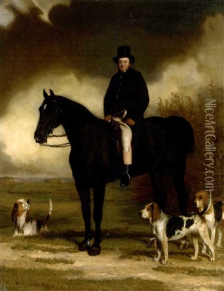 Portrait Of Arthur S. Brook, Master Of The Bexhill Harriers, Small Full-length, Seated On A Black Horse, With Three Harriers, And A Distant View Of The Coast Oil Painting - Stephen Pearce