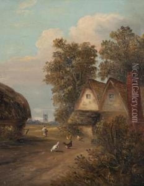 Figure And Chickens Before Cottages Oil Painting - Christopher Mark Maskell