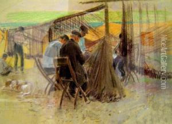 Pescatori Che Riparano Le Reti Oil Painting - Adolf Hiremy-Hirschl