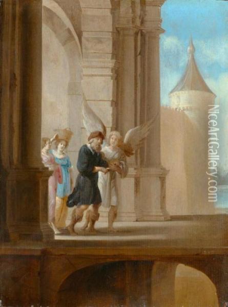 Blind Tobias Led By The Archangel Raphael. Oil Painting - Dirck Van Delen