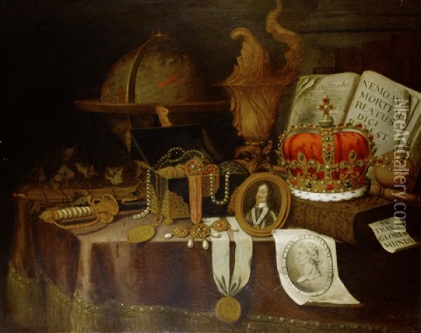 A Vanitas Still Life With A Globe, Court Jewels In A Casket, A Sword, A Miniature Portrait Of King Charles I And Other Objects On A Draped Table Oil Painting - Edward Collier