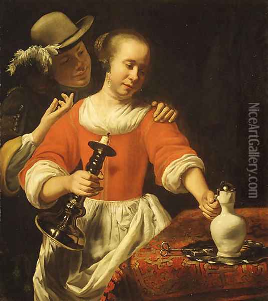 A Young Woman and a Cavalier probably early 1660s Oil Painting - Cornelis Bisschop