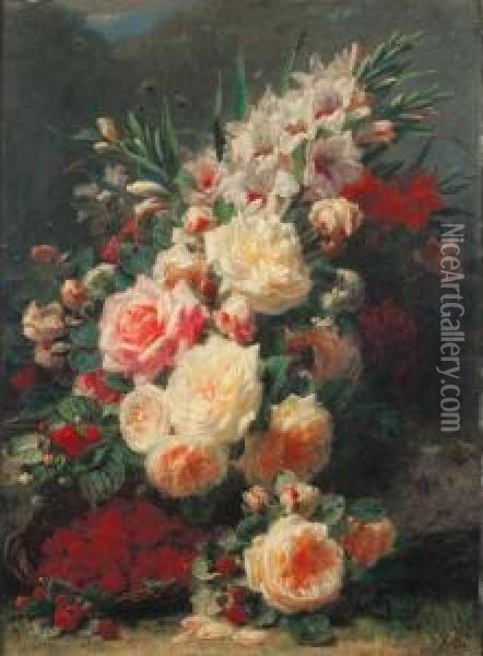 Bouquet De Fleurs Et Panier De Fraises Oil Painting - Jean-Baptiste Robie