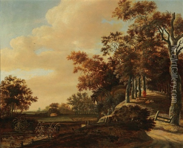 A Wooded Landscape With A Shepherd And His Flock Oil Painting - Meindert Hobbema