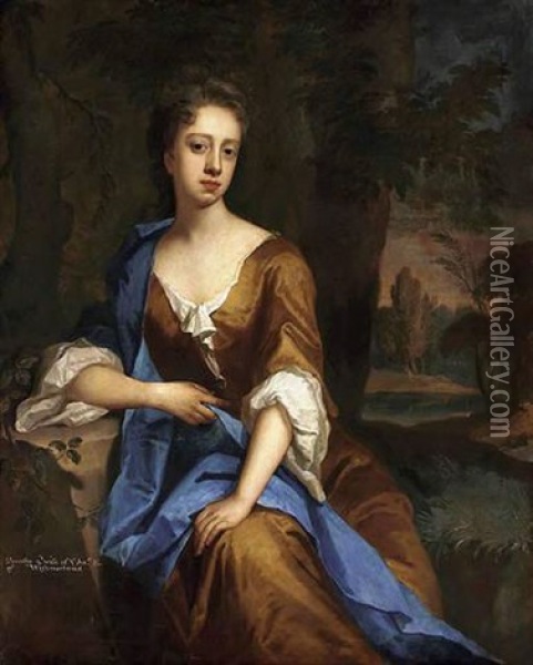 Portrait Of Dorothy Brudenell, Countess Of Westmorland, Seated In An Ochre Dress With A Blue Wrap, In An Extensive Wooded Landscape Oil Painting - Michael Dahl