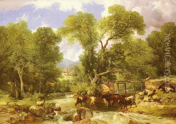A Wooded Ford Oil Painting - Thomas Sidney Cooper