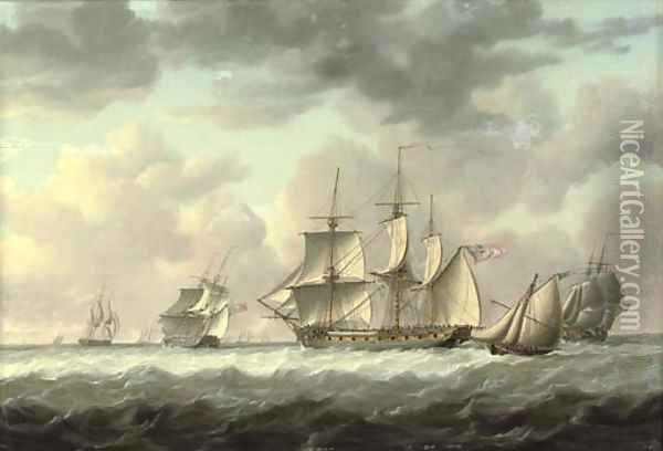A frigate heaving-to in the Channel amidst other ships of her squadron, with an armed cutter, probably carrying despatches or fresh orders Oil Painting - Charles Martin Powell