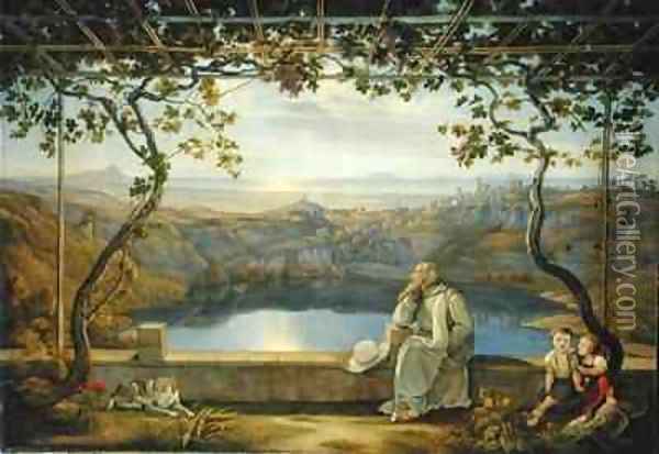 Monk sitting on a Terrace overlooking Lake Nemisee Oil Painting - Joachim Faber