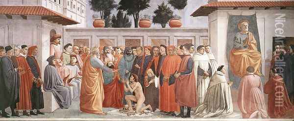 Raising of the Son of Theophilus and St Peter Enthroned 1426-27 Oil Painting - Masaccio (Tommaso di Giovanni)