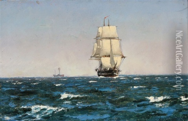 A Ship And A Steamer On The Sea Oil Painting - Carl Ludvig Thilson Locher