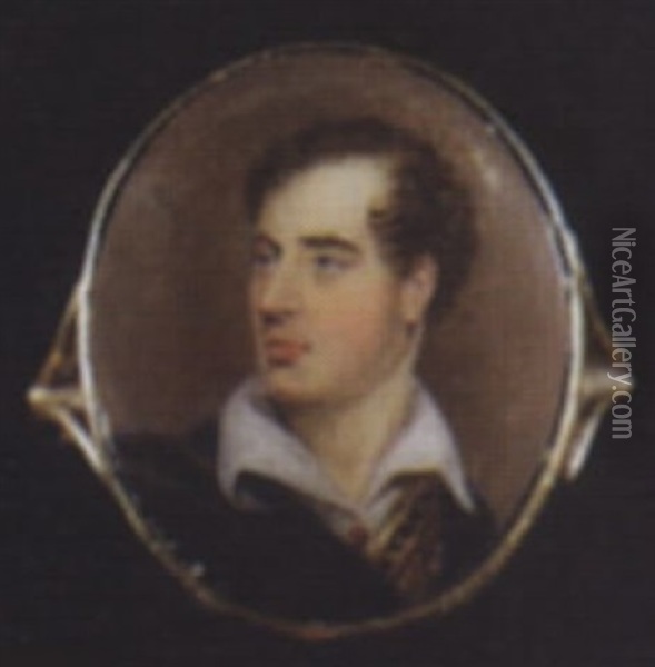 George Gordon Byron, 6th Baron Byron, Wearing Black Cloak Over Albanian Gold-embroidered Tunic And White Shirt Held With Jewelled Brooch Oil Painting - William Bishop Ford