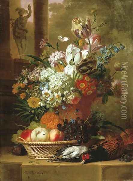 Flowers, fruit and dead game on a stone ledge Oil Painting - Willem van Leen