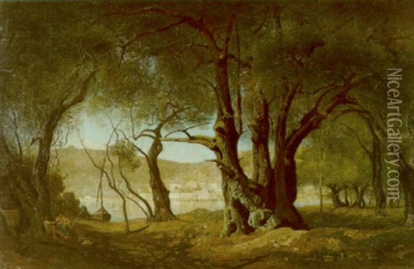 Sudliche Landschaft Mit Grosen Baumen Und Familie Im Vordergrund Oil Painting - Charles Samuel Delapeine