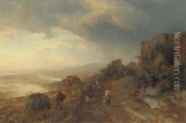 Figures On A Track In An Italian Coastal Landscape Oil Painting - Oswald Achenbach