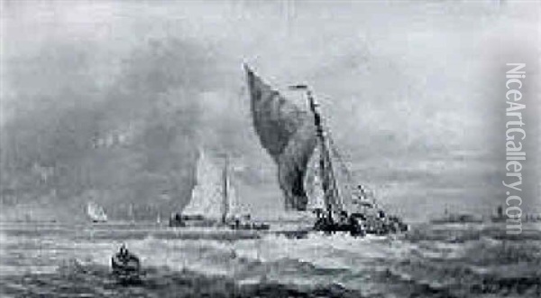 Sailing Boats Off The Coast In A Breeze Oil Painting - Albert Jurardus van Prooijen