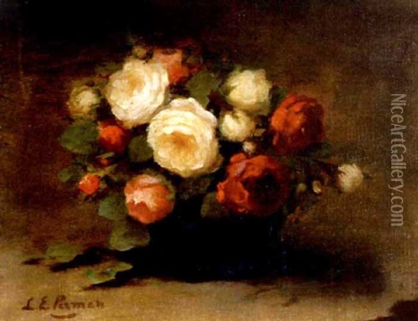 Red, White And Pink Roses In A Black Vase Oil Painting - Louise Ellen Perman
