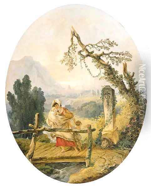 La Passerelle A woman and child on a bridge on the Via Appia Oil Painting - Hubert Robert