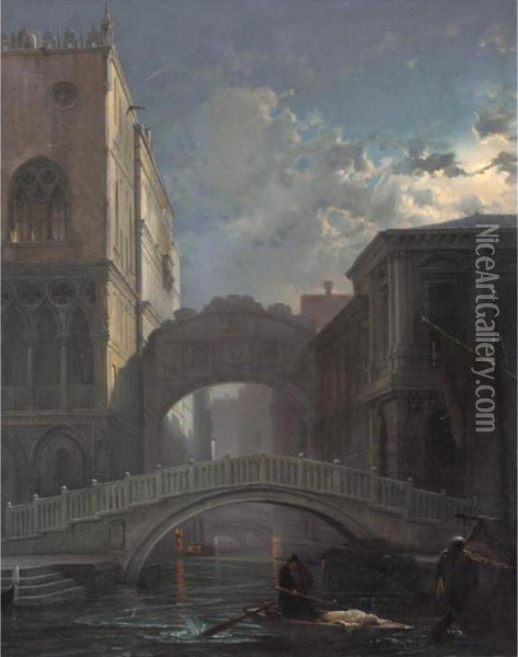 Seufzerbrucke Im Mondlicht, Venedig (the Bridge Of Sighs By Moonlight) Oil Painting - Friedrich Nerly