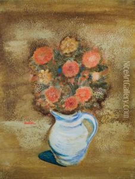 Bouquet Of Red Flowers In Vase Oil Painting - Jankel Adler