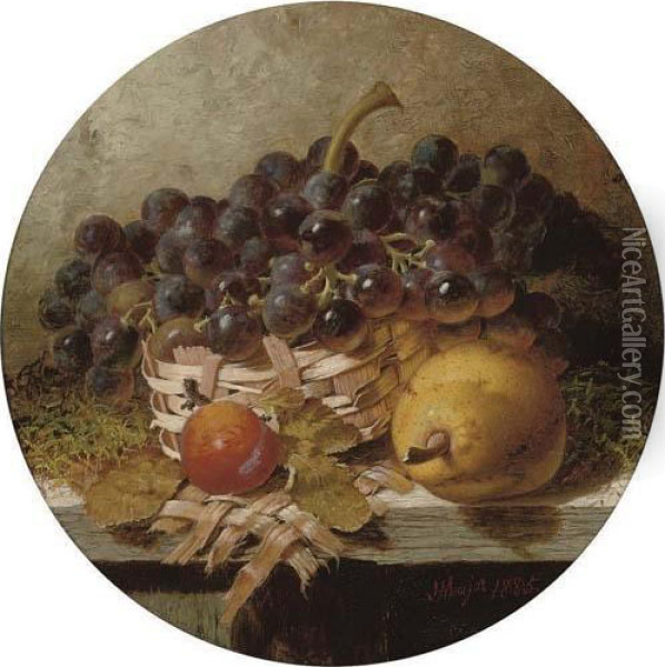 Grapes In A Wicker Basket With A Plum And Lemon To The Side, On A Wooden Ledge Oil Painting - Henry A. Major