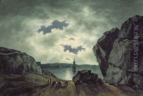 Bay Scene in Moonlight, 1787 Oil Painting - John Warwick Smith