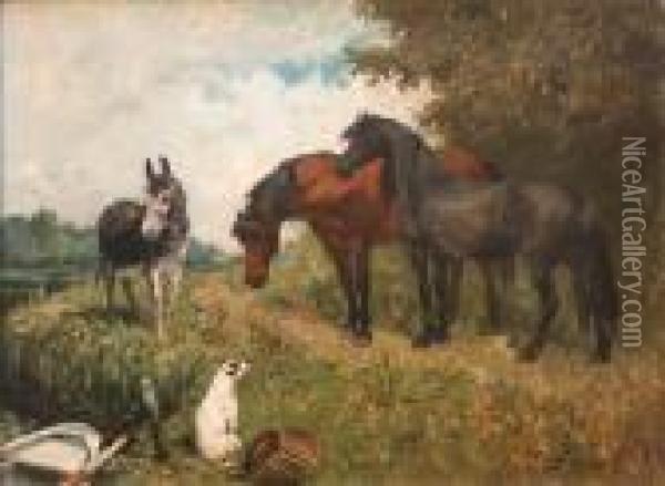Two Horses And A Donkey Near A 
Seated Terrier Beside A Fisherman's Basket And Rowing Boat Oil Painting - John Emms