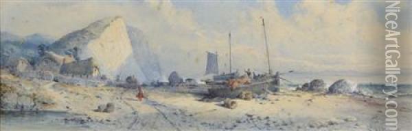 Fishing Vessels On The Shore With Figures Before White Cliffs Oil Painting - George Knox