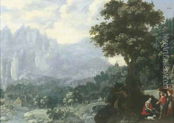 An extensive river landscape with soldiers resting by a tree, a mill and mountains beyond Oil Painting - Hans Bergaigne