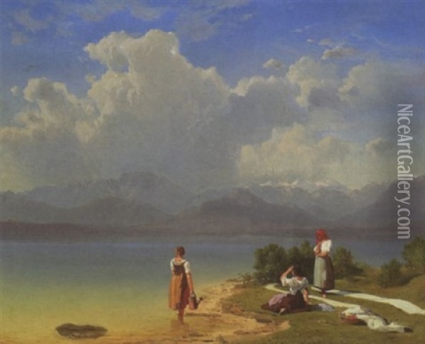 Junge Bauerinnen Beim Waschebleichen Am Ufer Des Chiemsees Oil Painting - Maximilian Haushofer
