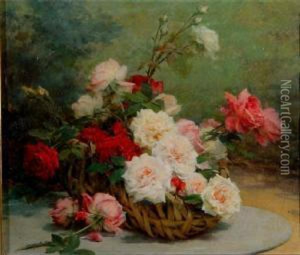 Still Life - Roses In A Wicker Basket Oil Painting - Gustave Bienvetu