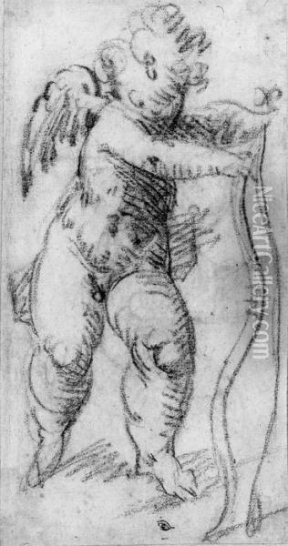 Cupid Bending A Bow (recto); Studies Of Putti (verso) Oil Painting - Giulio Campi