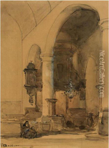 Figures In A Church Interior, Overschie Oil Painting - Johannes Bosboom