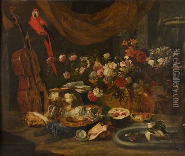 Composition Au Perroquet, A La Viole Et Au Bouquet De Fleurs Oil Painting - Pieter Boel