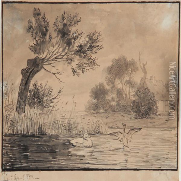 Danish Summer Idyll With Ducks At The Village Pond Oil Painting - Johan Thomas Lundbye