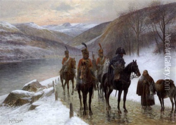 Mounted Soldiers Meeting A Friar On A Snowy Road Oil Painting - Jan van Chelminski