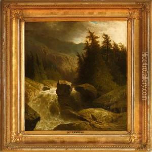 A Stream In A Mountain Landscape Oil Painting - Adolf Chwala