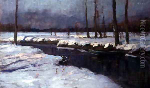 Boat on a River in a Snow Covered Landscape Oil Painting - William Samuel Horton