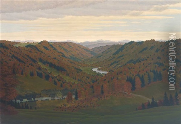 Prachtvolle Herbststimmung Mit Weitem Blick In Die Alpen Oil Painting - Carl Schleinkofer