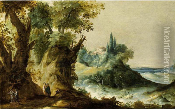 An Extensive Mountainous River Landscape With Travellers On A Path Oil Painting - Maerten De Cock