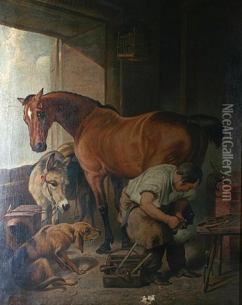 Shoeing The Bay Mare Oil Painting - William Mitchell Of Maryport