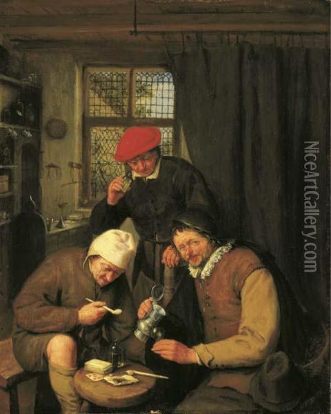 De Drinker: Three Boors Drinking And Smoking In A Spirit House Oil Painting - Adriaen Jansz. Van Ostade