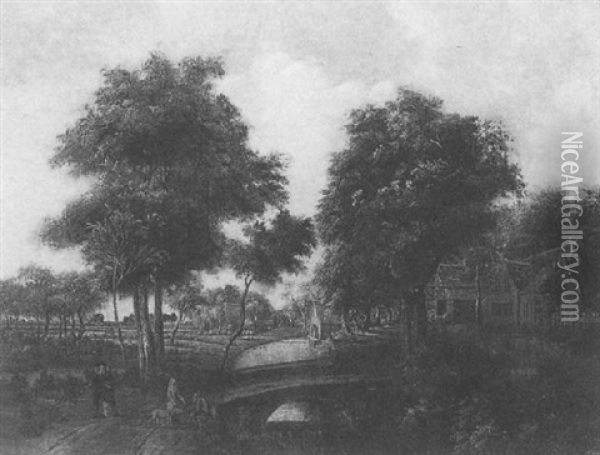 A River Landscape With Figures In The Foreground, A Bridge To Their Left And A Watermill Behind Oil Painting - Meindert Hobbema