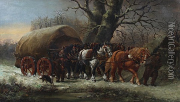 Waggon And Horses On A Wintry Day Oil Painting - William Meadows
